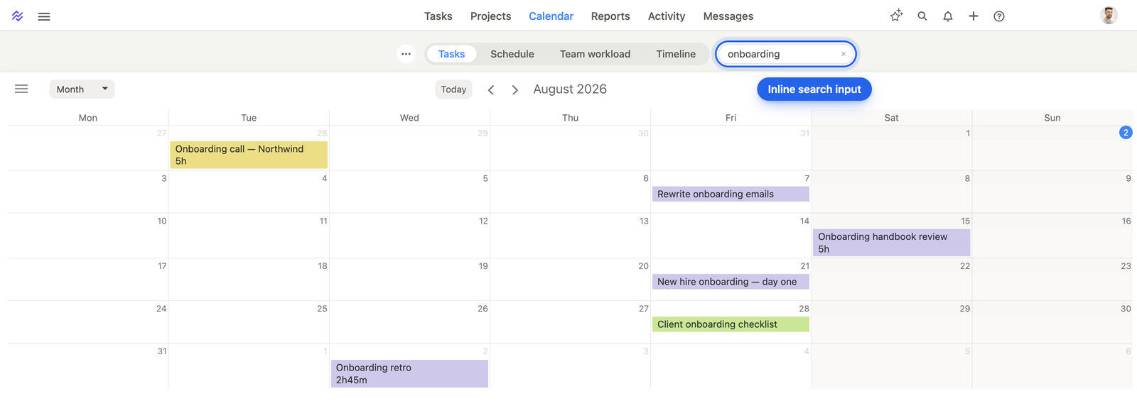 A Breeze month calendar showing only the tasks matching a search