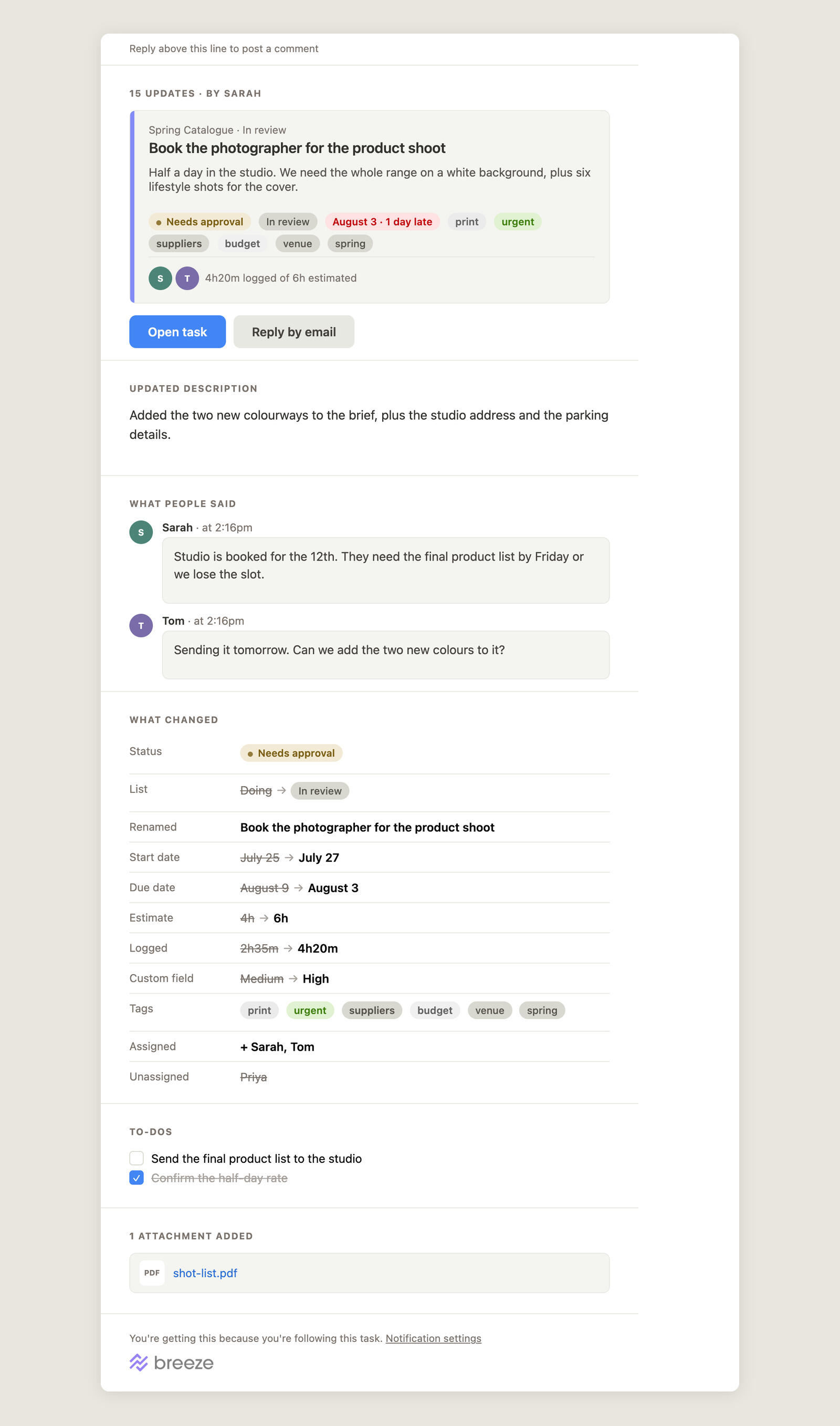 A Breeze notification email about a task, showing the task card, the comments people left, a table of what changed, the to-dos and an attachment