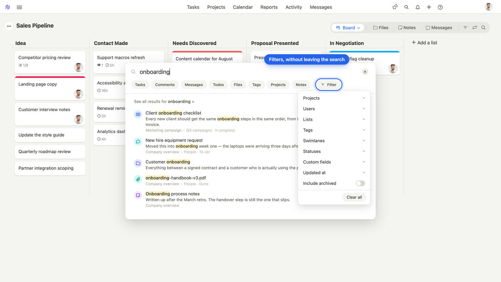 The filter panel open inside the Breeze search overlay, listing the project, user, list, tag, swimlane, status, custom field and date filters
