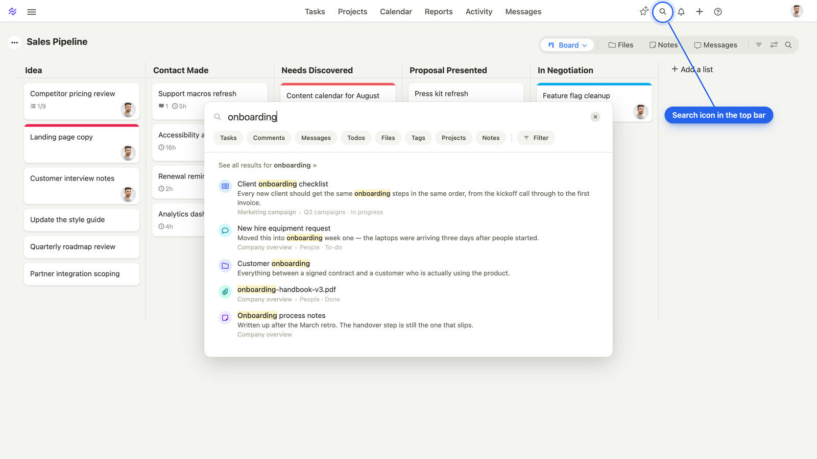 The Breeze search overlay open with ranked results across tasks, comments and files