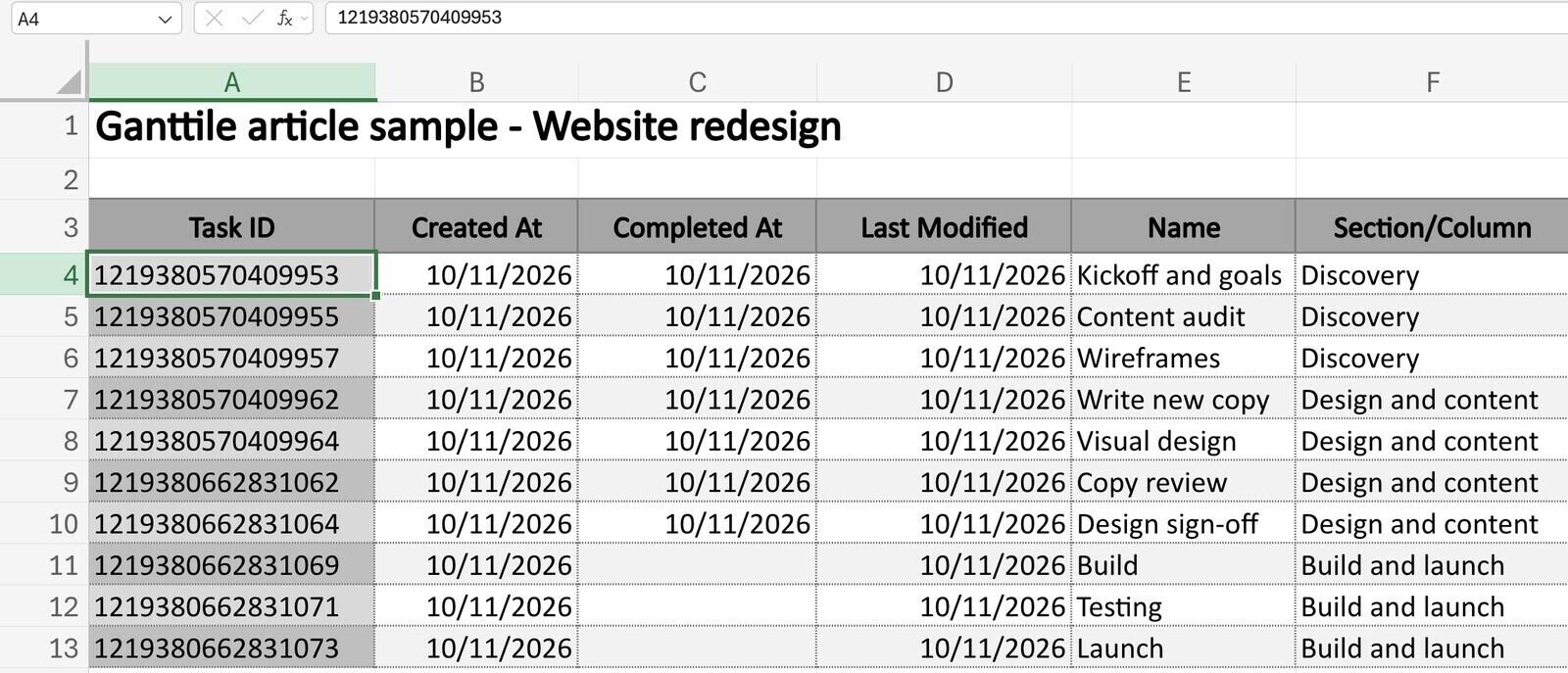 Asana XLSX export open in Excel with the full 16-digit Task ID in column A and in the formula bar