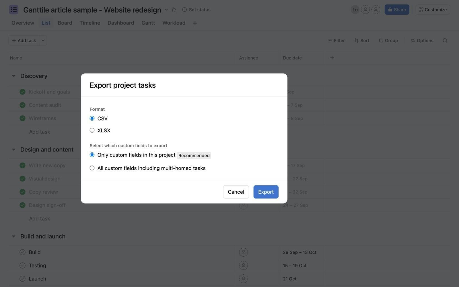 Asana's Export project tasks dialog with CSV and XLSX format options and a custom fields choice