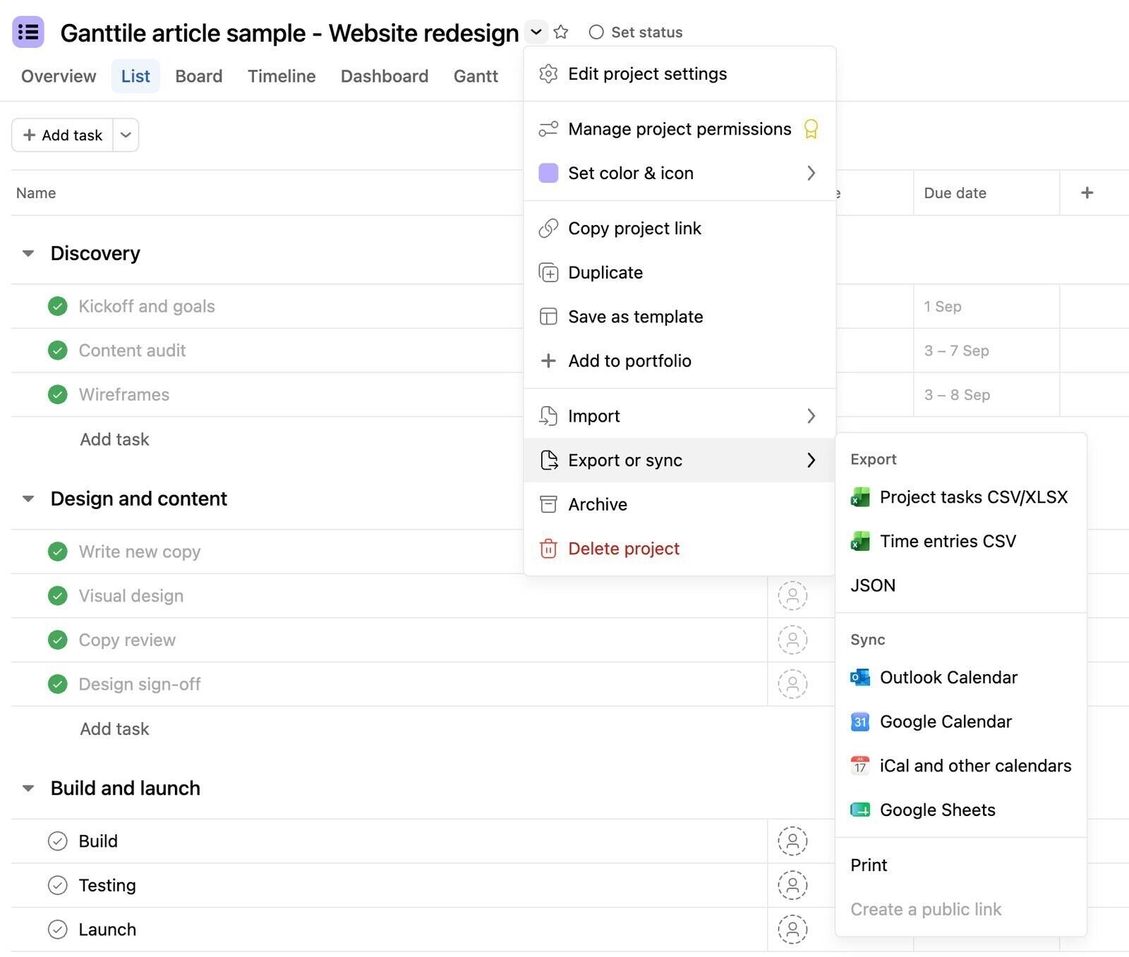Asana project menu with Export or sync open, listing Project tasks CSV/XLSX, Time entries CSV and JSON