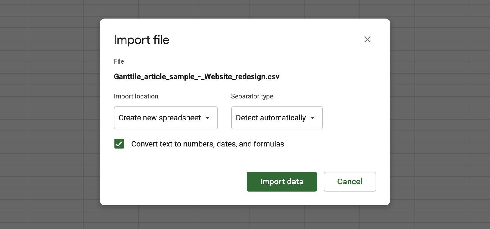 Google Sheets Import file dialog for an Asana CSV with Convert text to numbers, dates, and formulas ticked