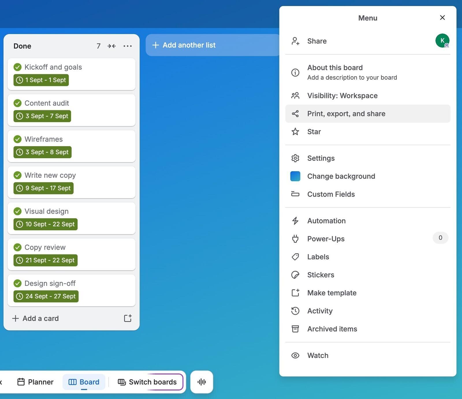 Trello board menu open with Print, export, and share highlighted