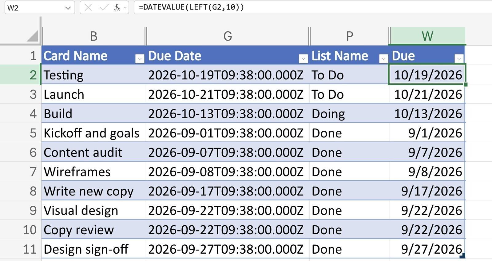 Trello CSV as an Excel table with ID and link columns hidden and a Due column using DATEVALUE(LEFT(G2,10))