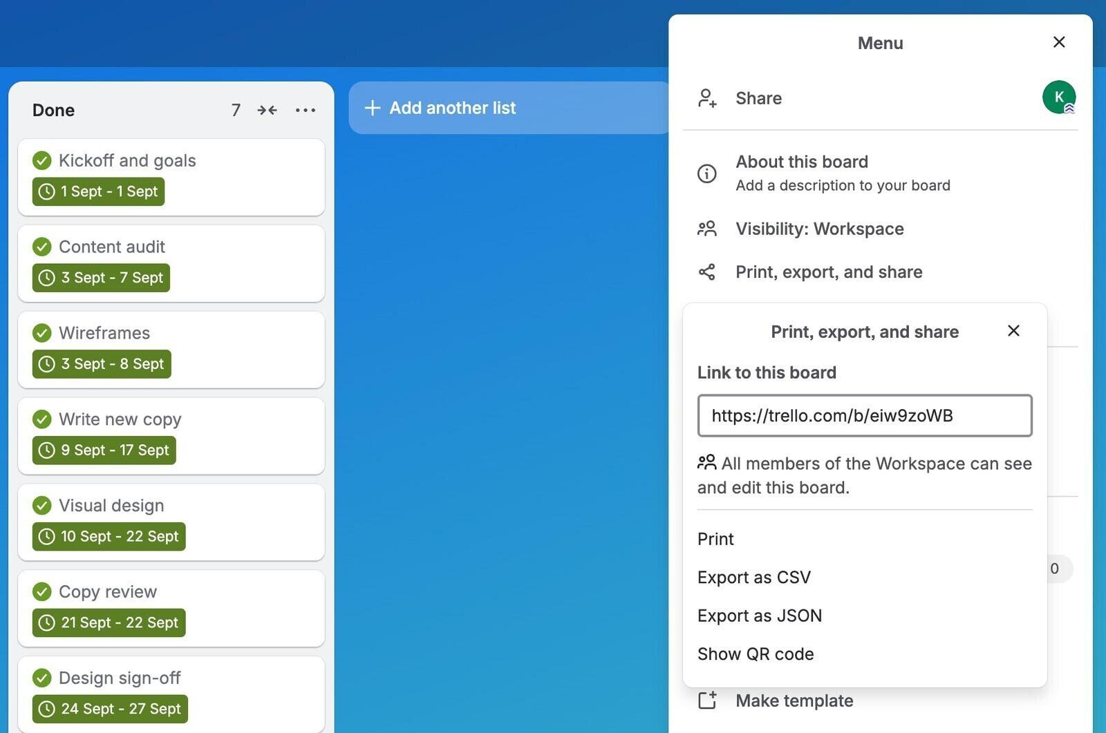 Trello's Print, export, and share panel listing Print, Export as CSV, Export as JSON and Show QR code