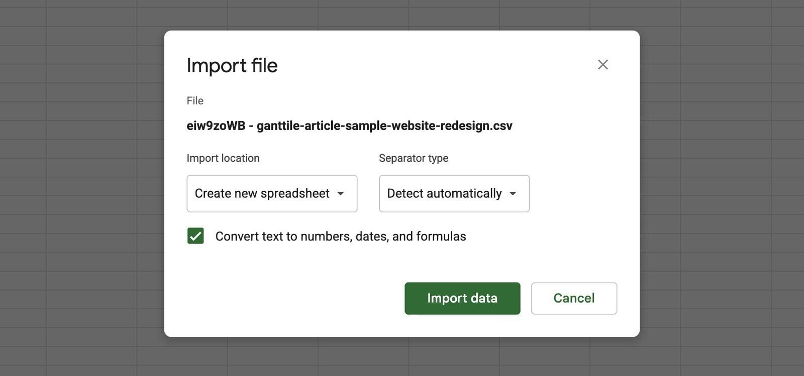 Google Sheets Import file dialog for a Trello CSV showing the import location and separator options