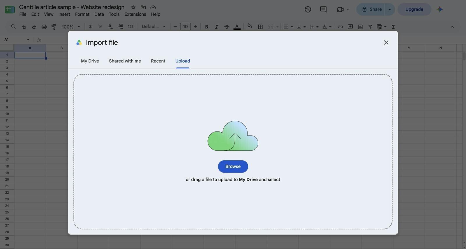 Google Sheets Import file dialog open on the Upload tab with a Browse button