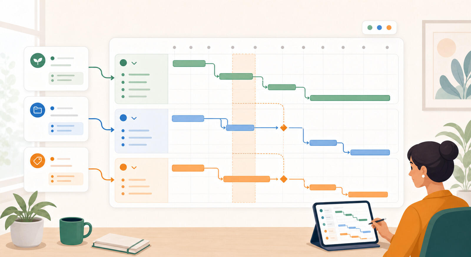 Three projects shown as separate collapsible groups on a single Gantt chart