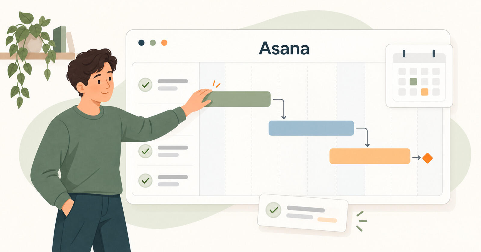 An Asana project in Timeline view with task bars, dependency arrows and a milestone