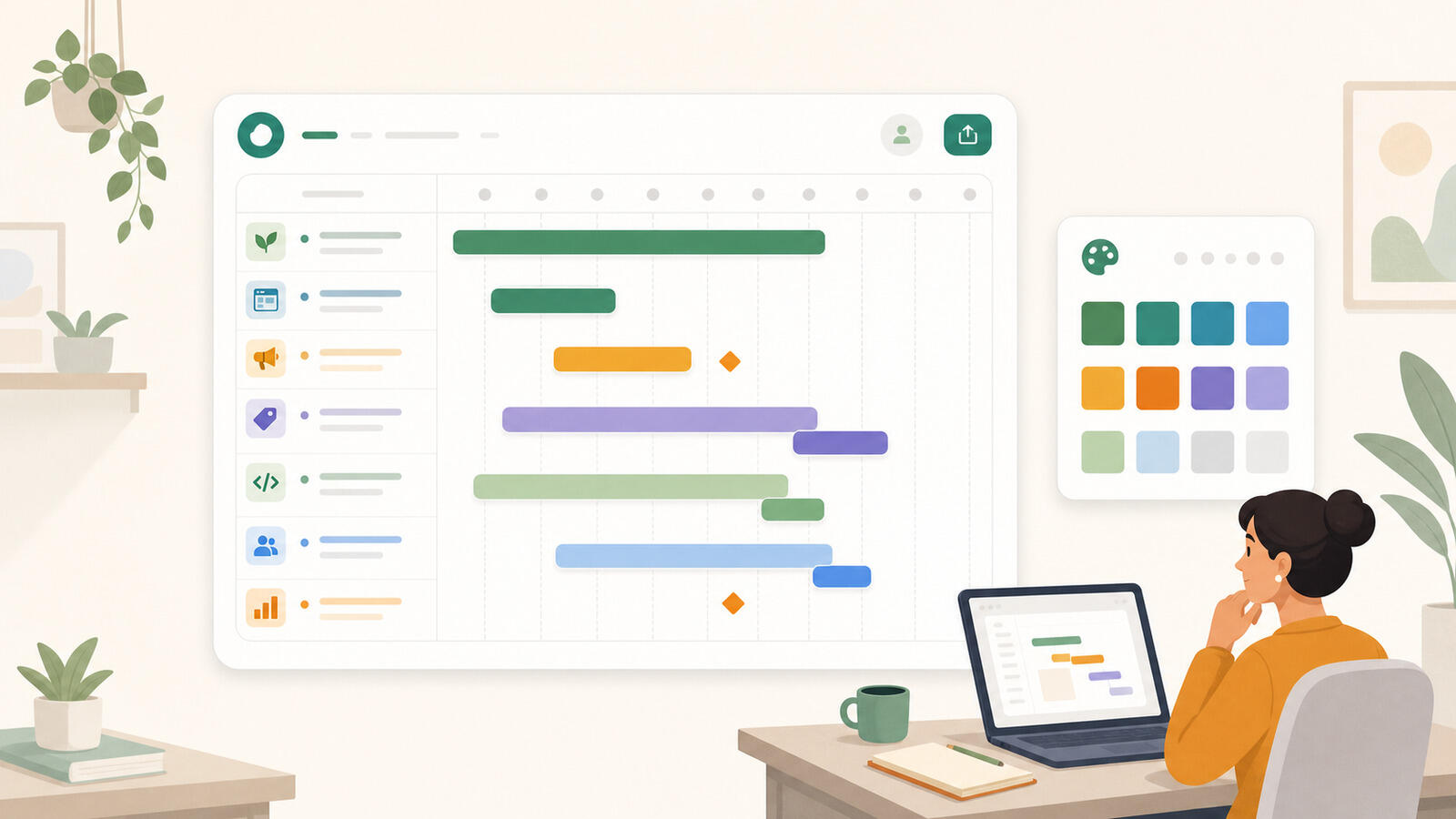 A designed Gantt chart in Canva built from coloured rectangles aligned to guides