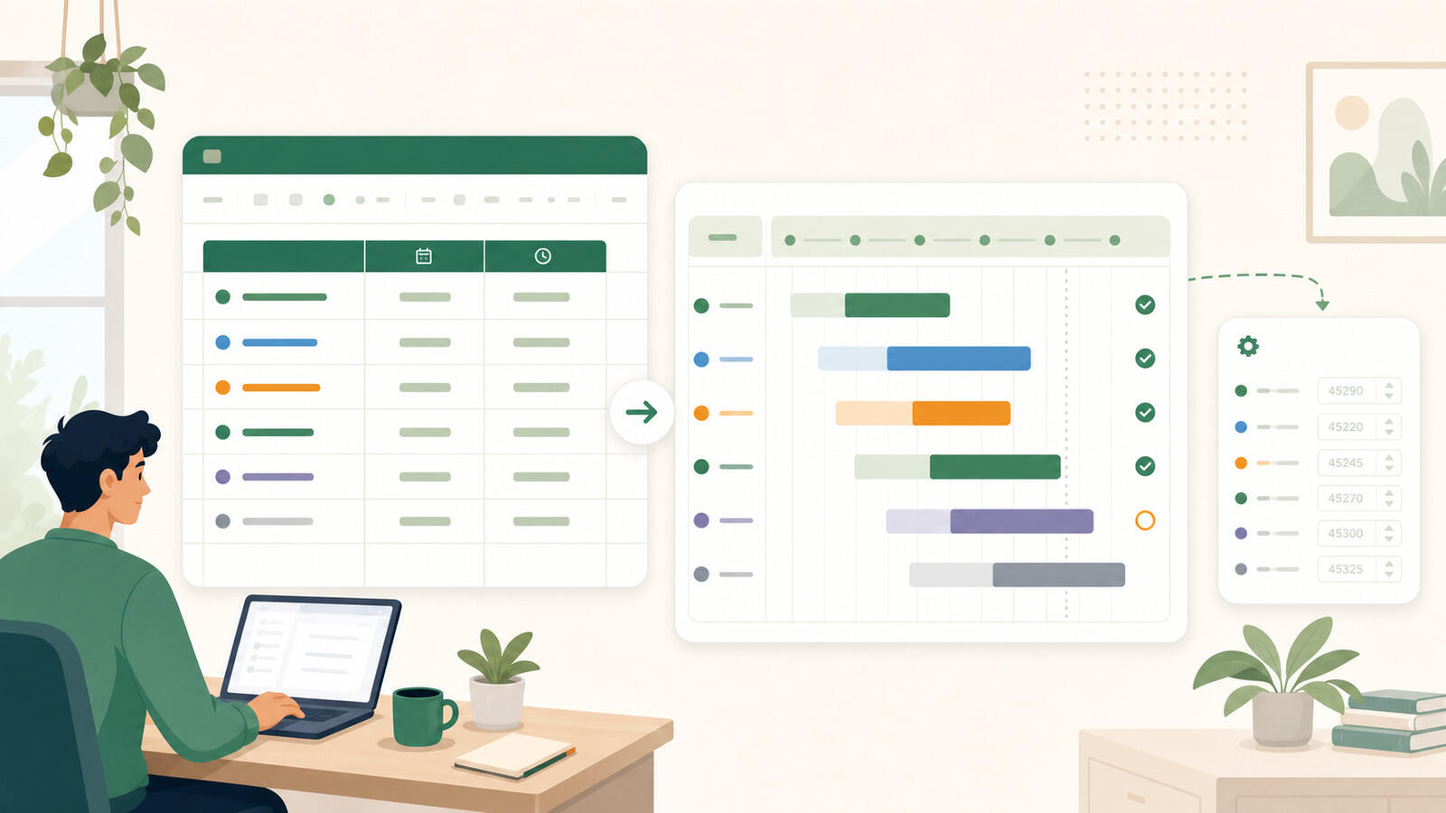 A Gantt chart built in Excel from a stacked bar chart with the first series hidden