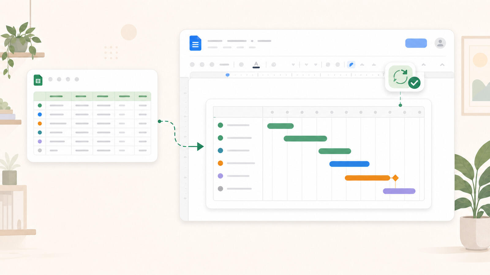 A Google Docs document containing a Gantt chart linked from a Google Sheet, with the update button showing