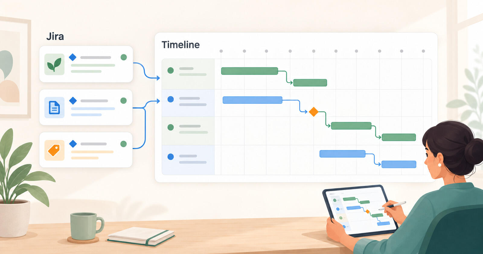 A Jira project in Timeline view with epics as bars, child issues nested beneath them and a dependency line
