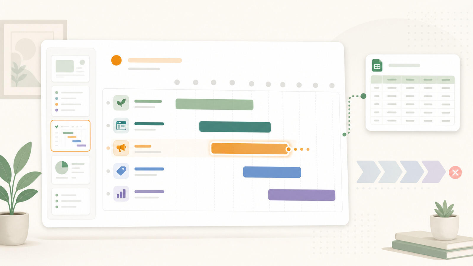 A Gantt chart on a PowerPoint slide built from rectangles aligned to a date grid