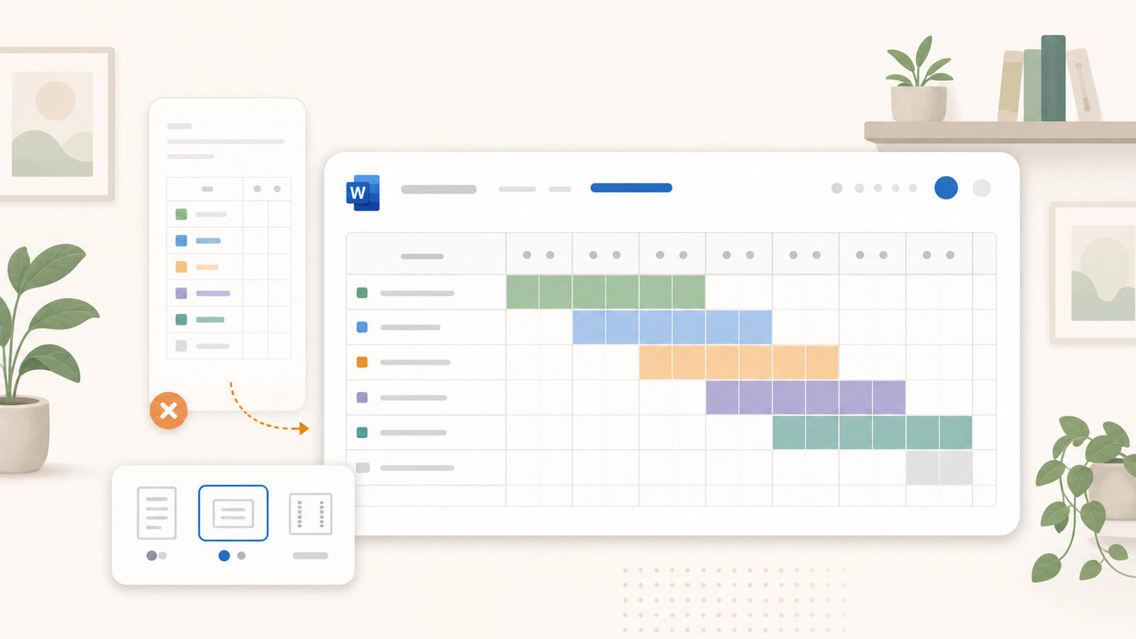 A Gantt chart in a Word document built from a table with shaded cells across a weekly date header