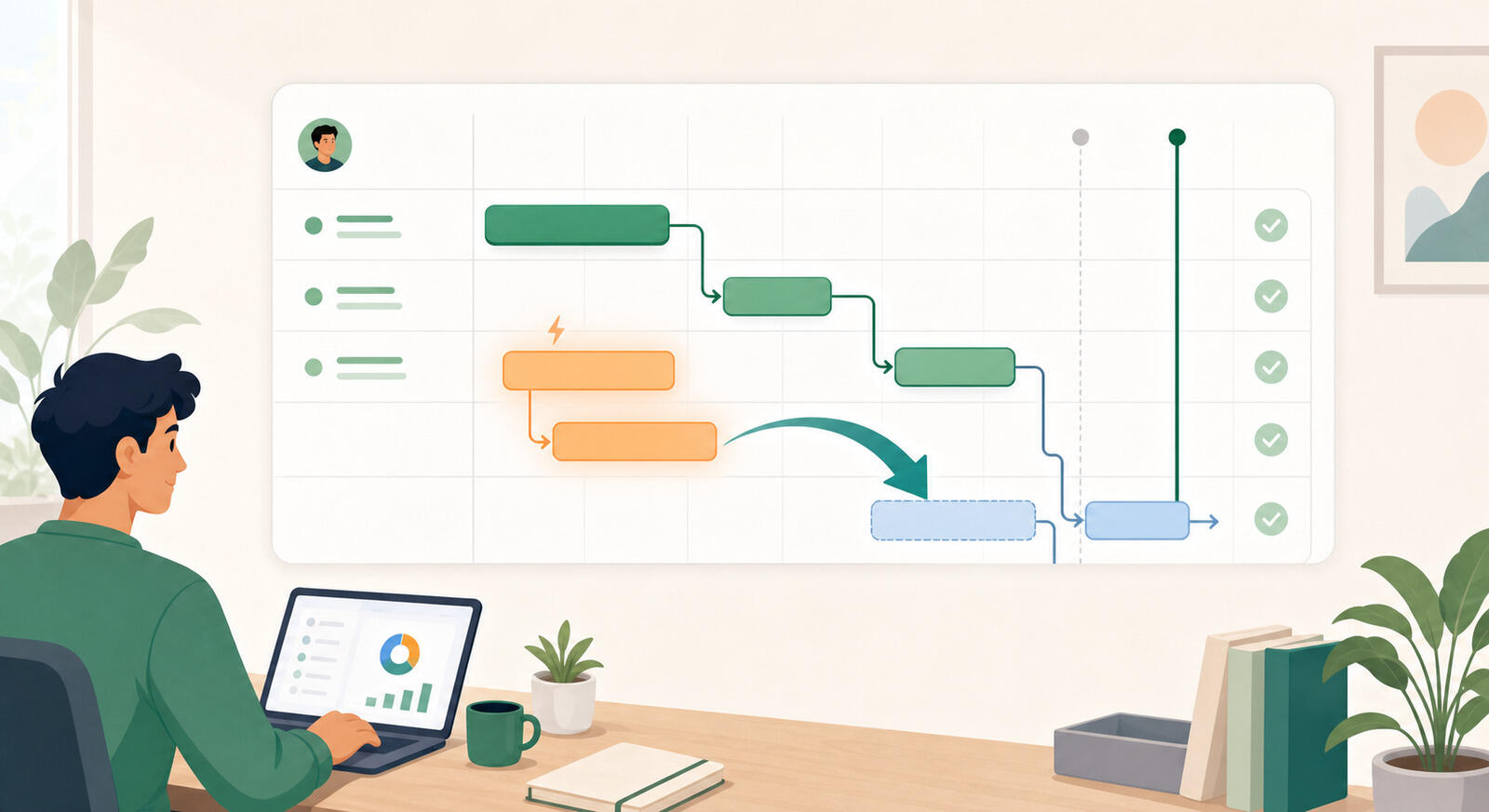 A Gantt chart with two overlapping tasks assigned to the same person, and the same plan after the second task has been moved later