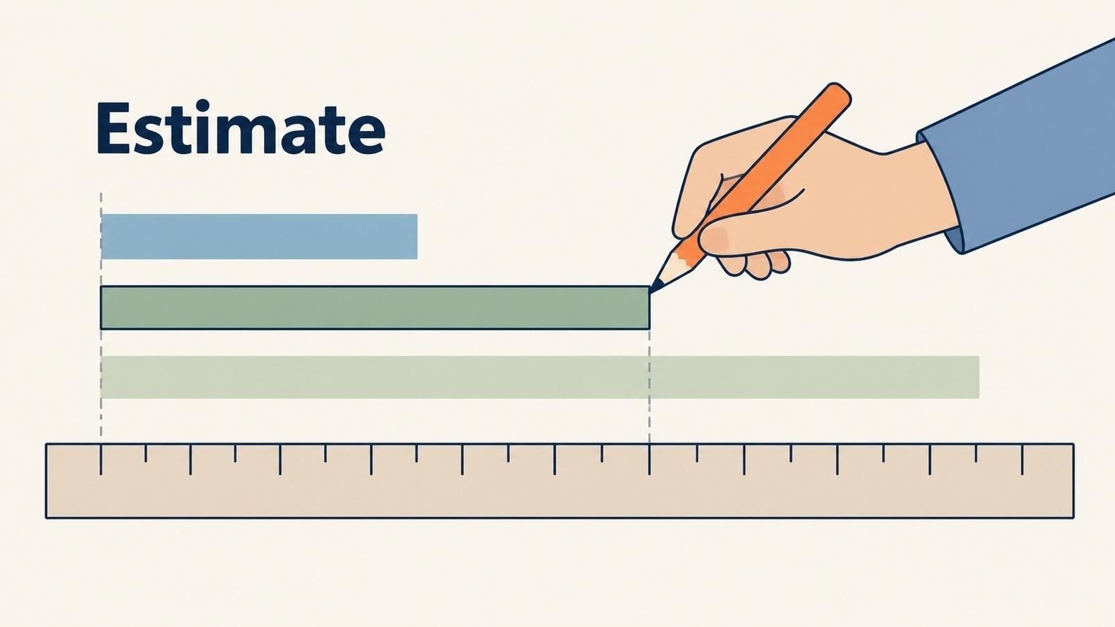 A hand drawing a task bar to length against a ruler, between a shorter and a longer estimate bar