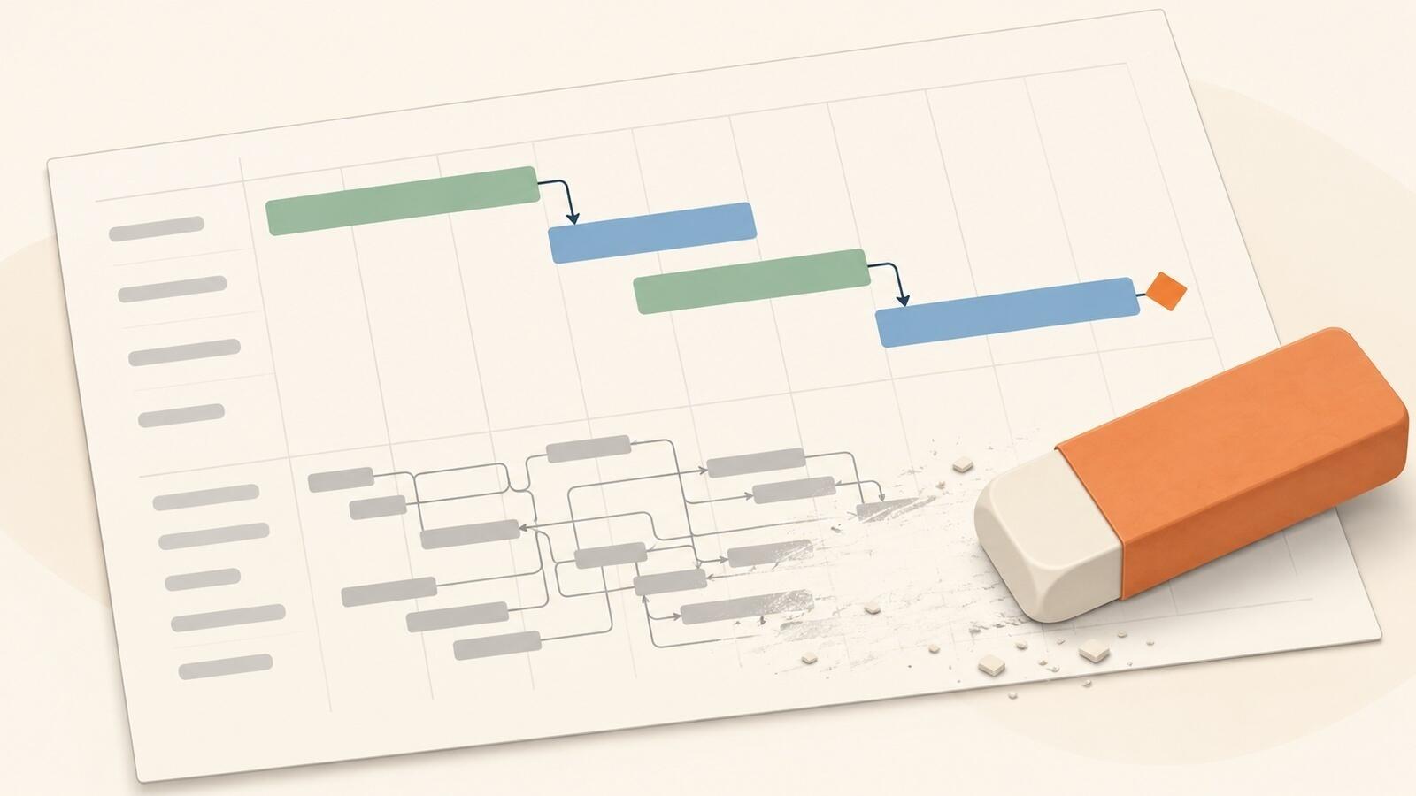 An eraser rubbing out a tangle of over-linked task bars, leaving a few clearly linked bars and a milestone