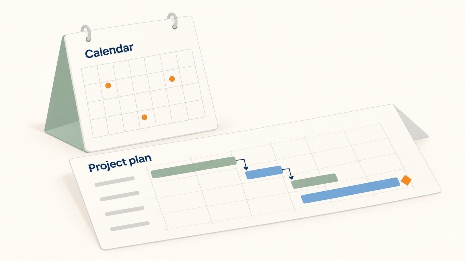 A desk calendar with a few marked dates beside a project plan of linked task bars