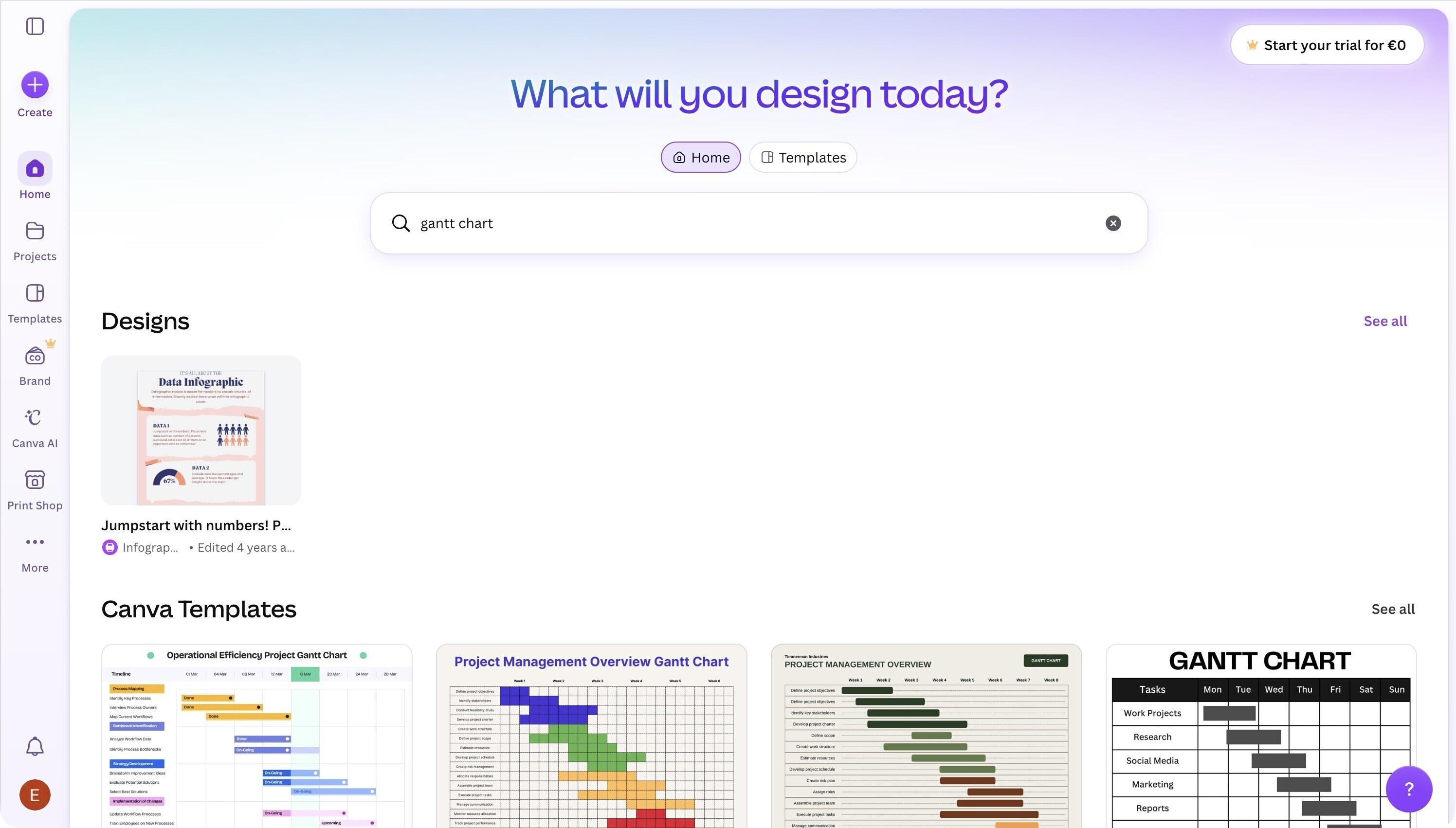 Canva template search results showing several ready made Gantt chart layouts