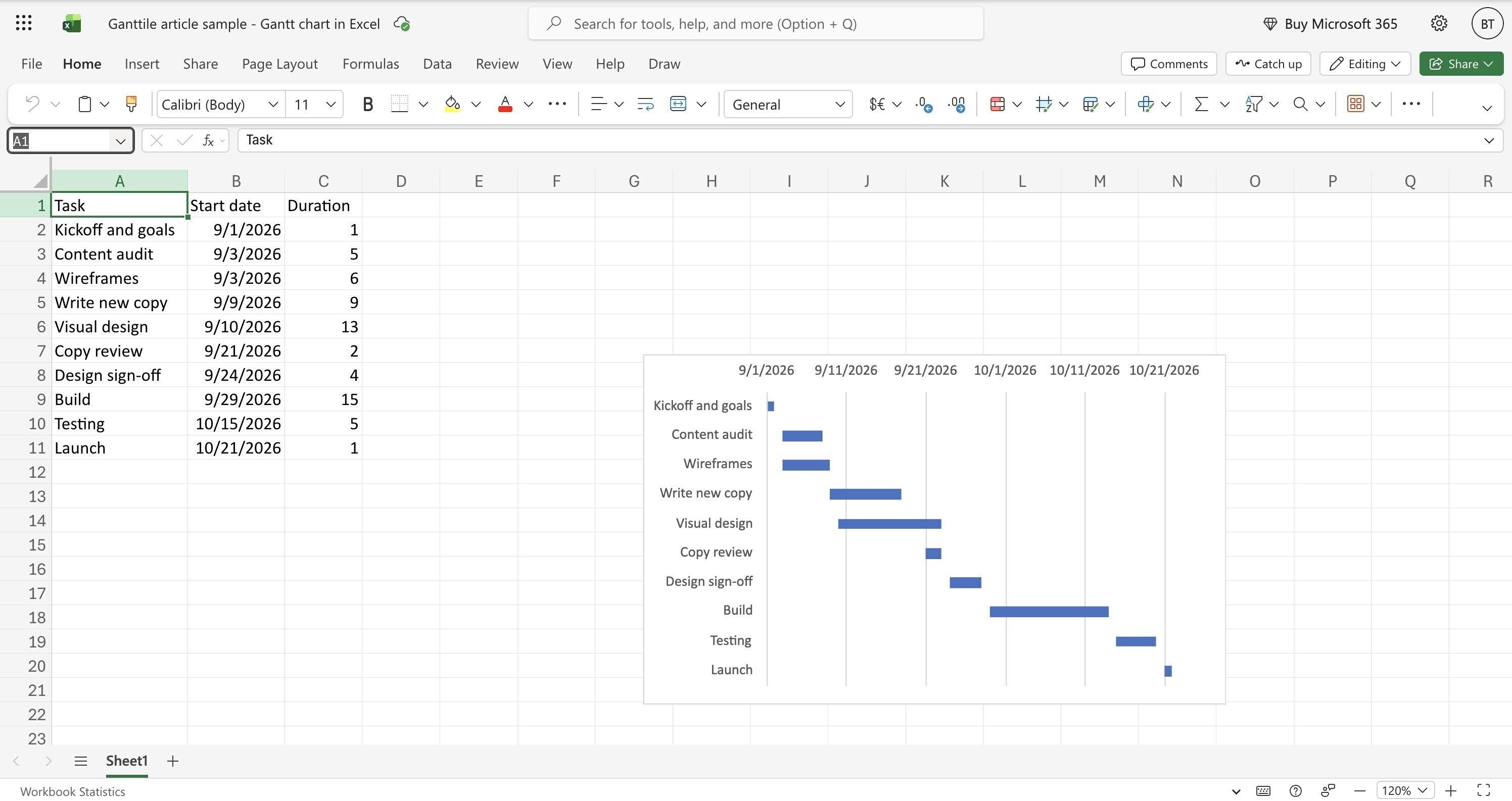 The finished Gantt chart in Excel for the web beside the task table
