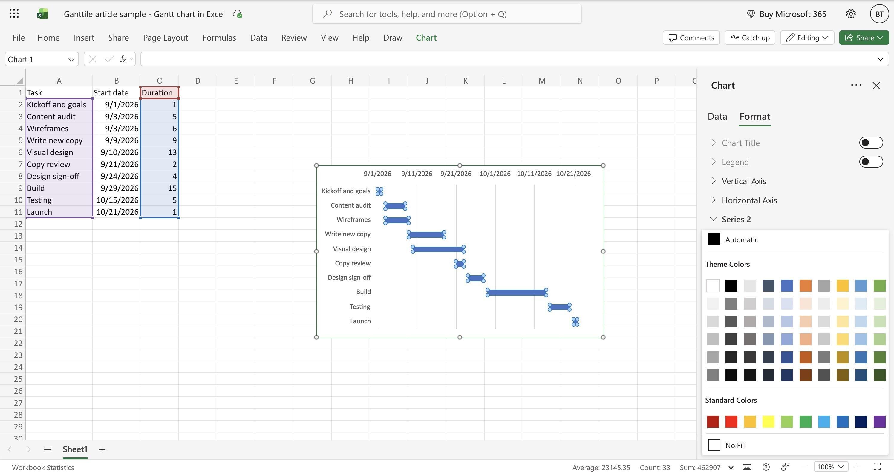 The Excel series fill picker open with No Fill at the bottom of the colour list