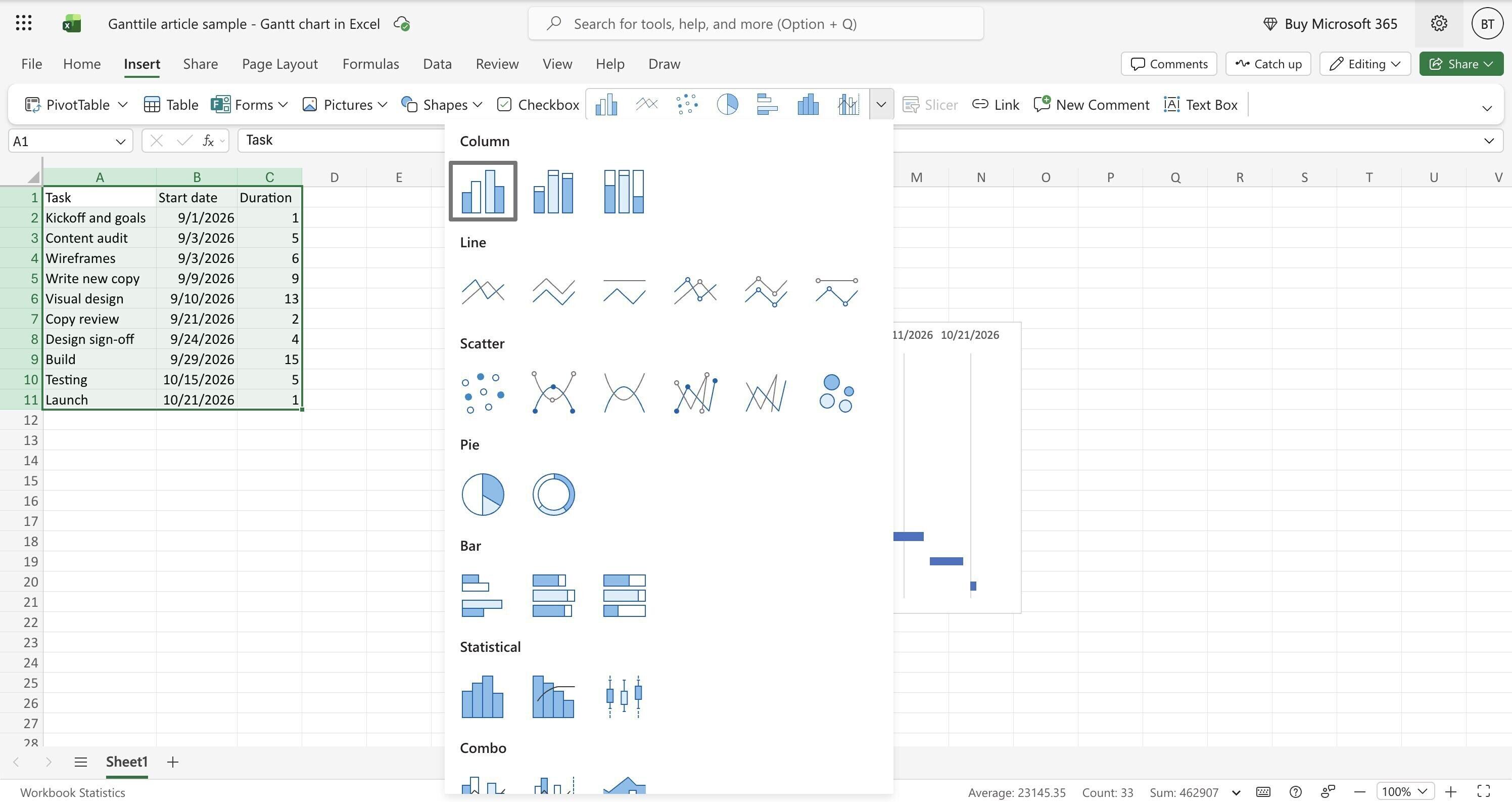 The Excel chart type gallery open with Stacked Bar under the Bar heading