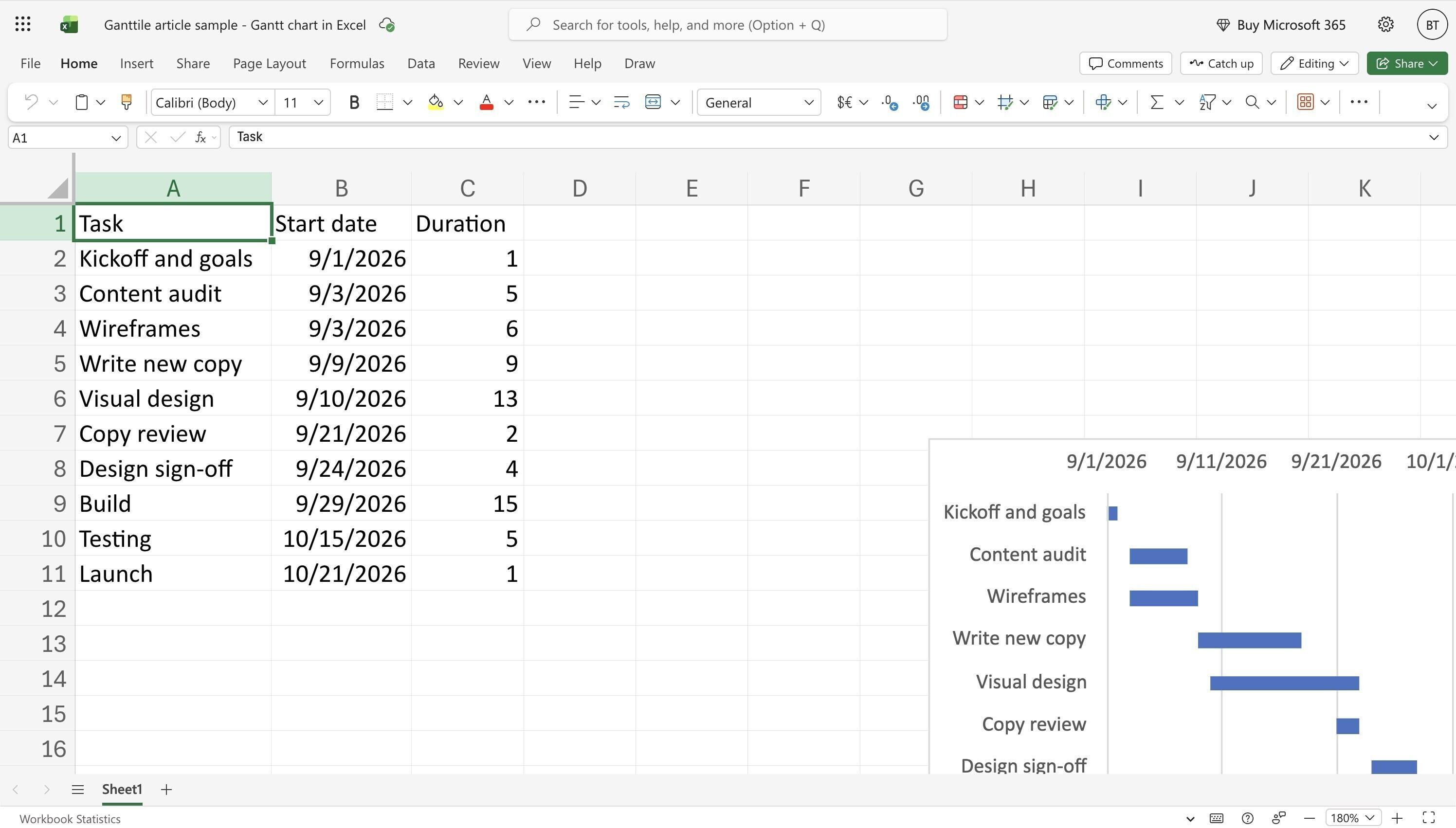 Excel for the web with the task, start date and duration columns filled in