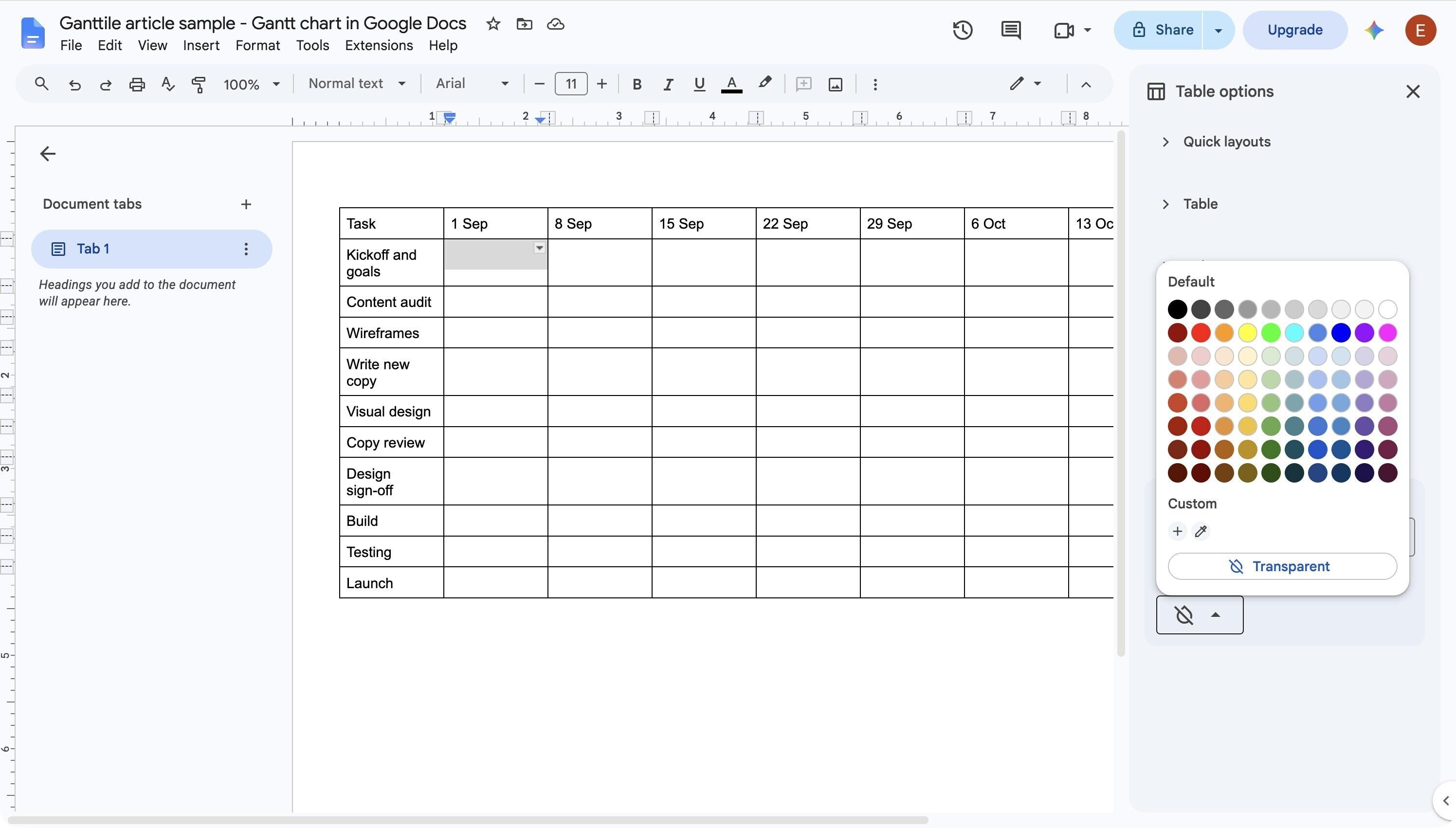 The Google Docs Table options panel with the cell background colour picker open
