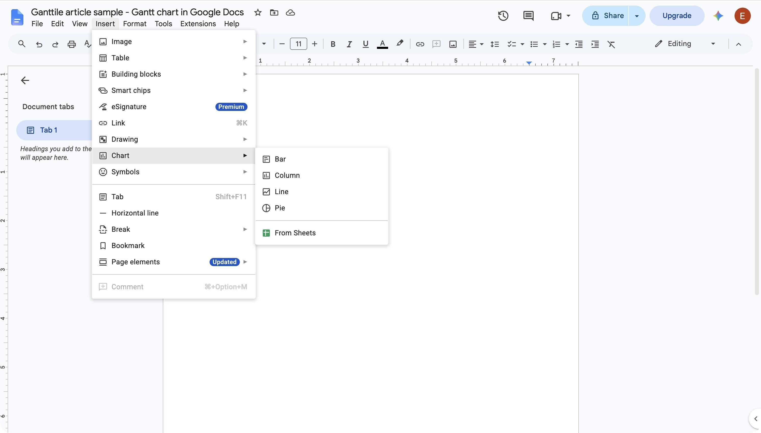 The Google Docs Insert Chart submenu showing Bar, Column, Line, Pie and From Sheets
