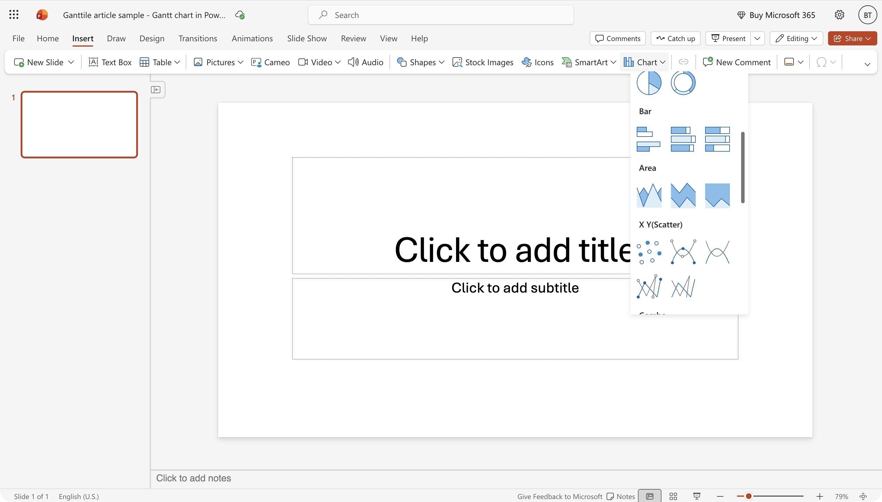 The PowerPoint Insert Chart menu with the Bar group and Stacked Bar visible