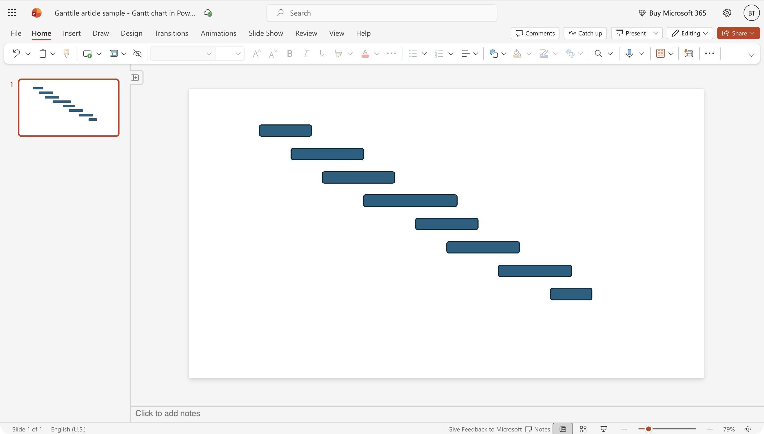 A Gantt chart on a PowerPoint slide drawn as a cascade of rounded rectangles