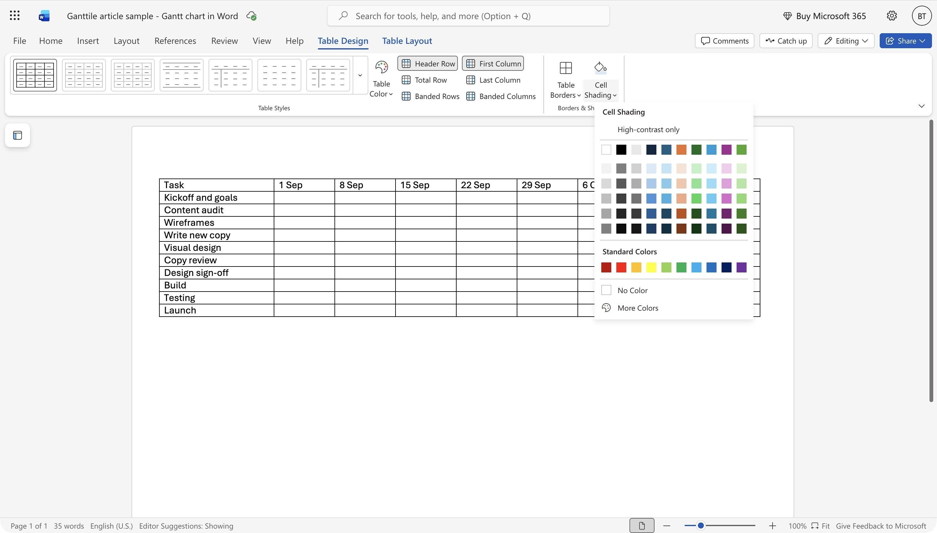 The Word Cell Shading colour palette open over the project table