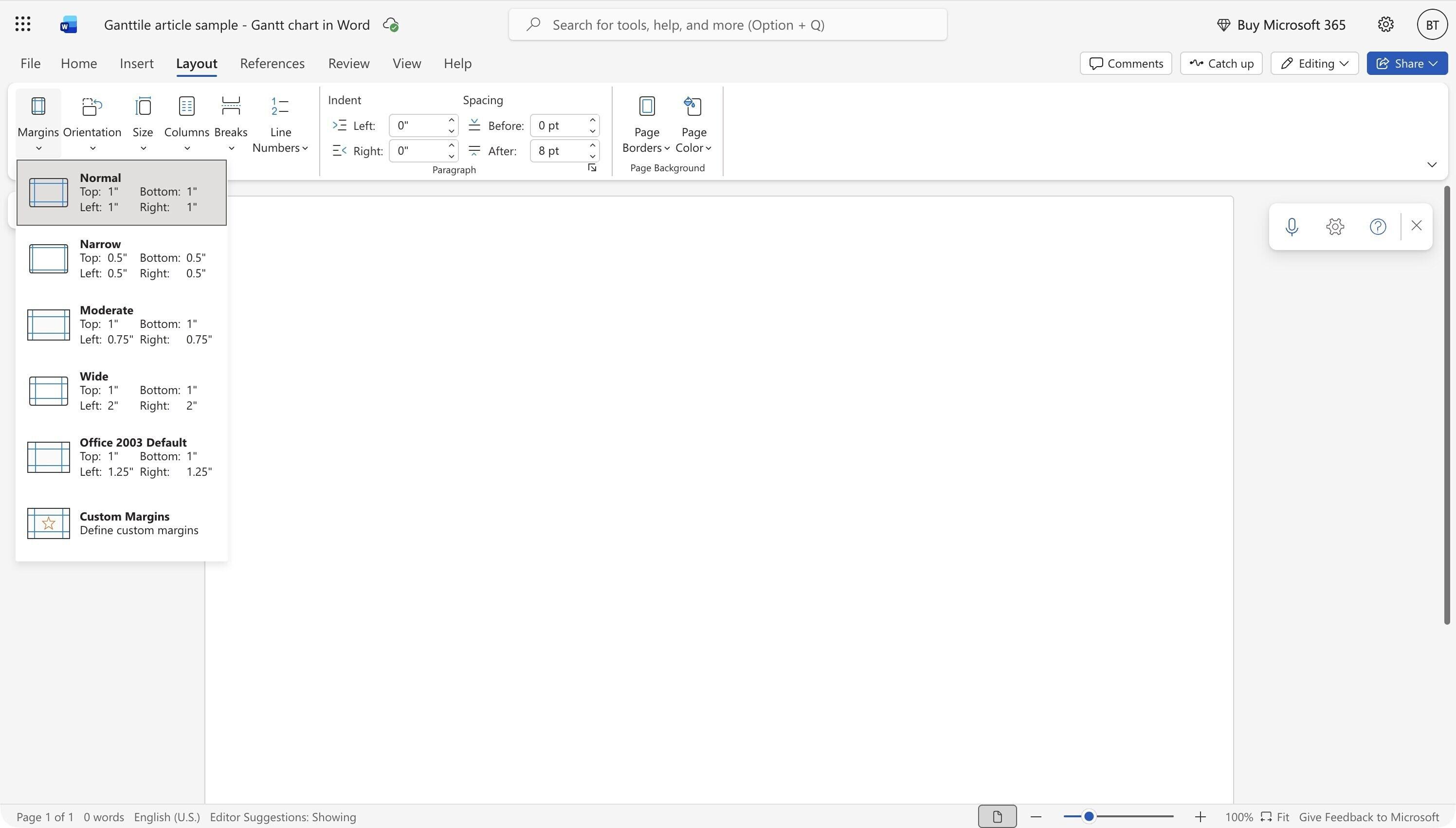 The Word Margins menu open on a landscape page with Narrow available