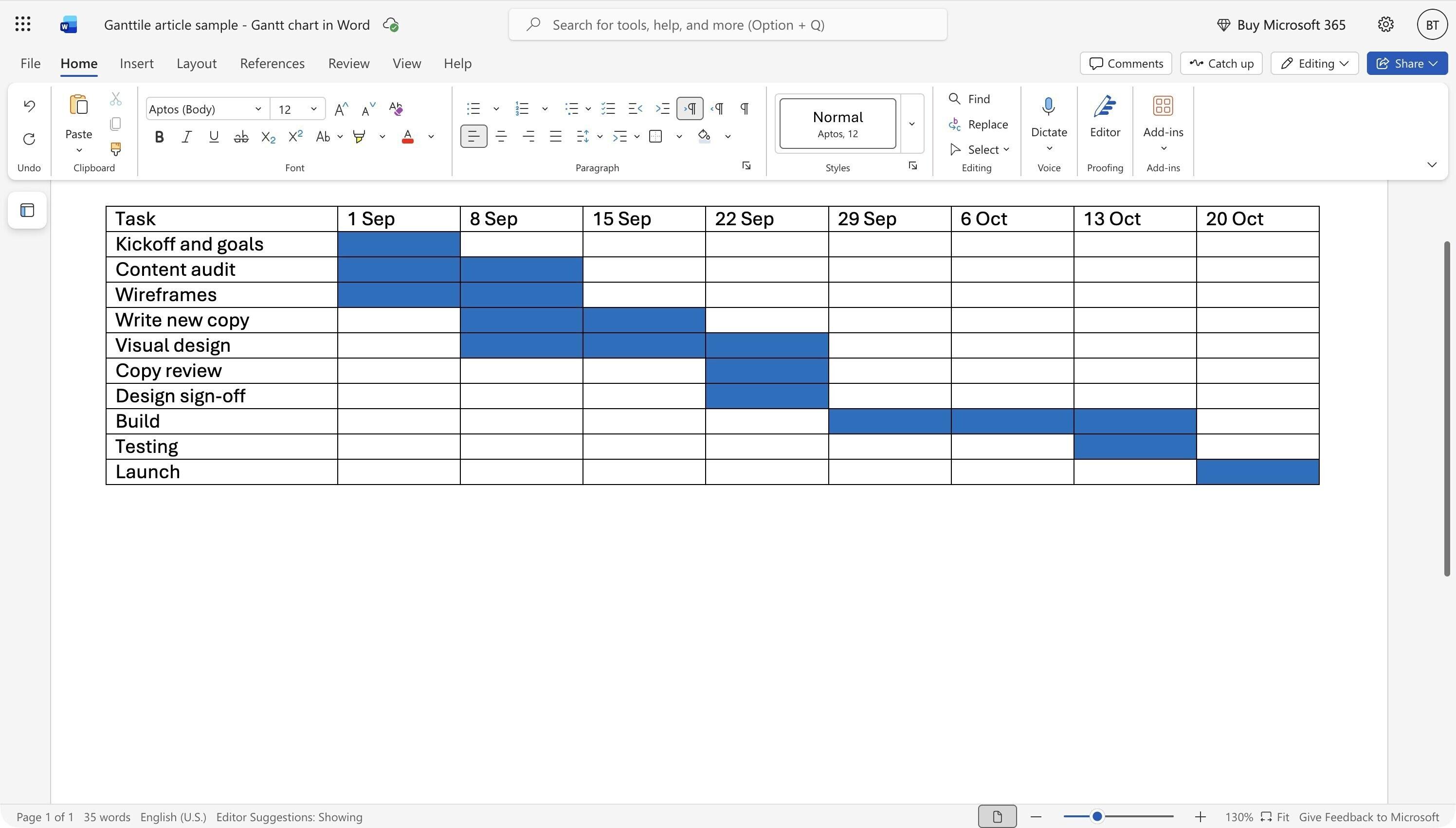 A Gantt chart in Word made from a table with shaded cells across weekly columns