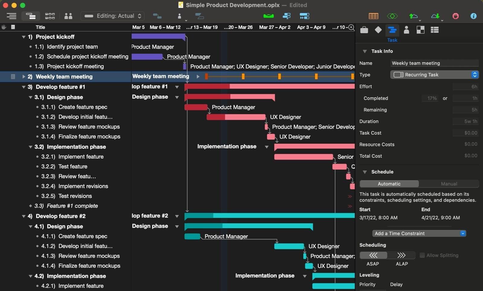 OmniPlan 4 for Mac Gantt chart with task outline, dependencies and task inspector