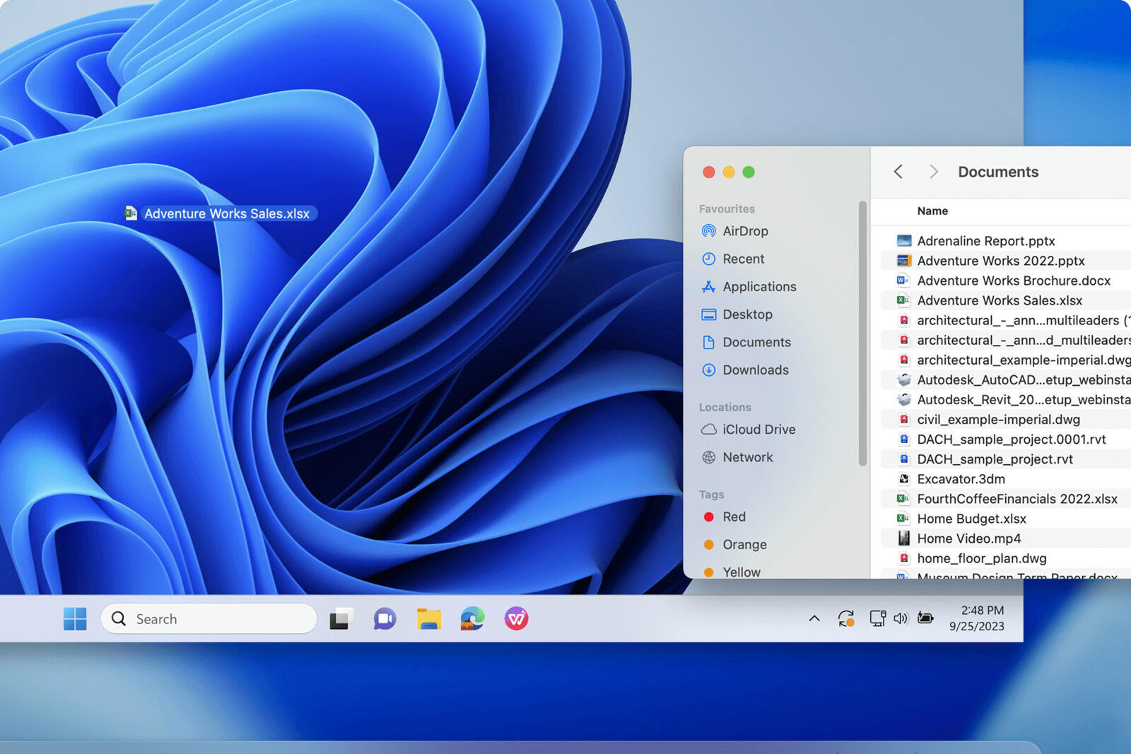 Windows 11 running in Parallels Desktop on a Mac, with a macOS Finder window alongside