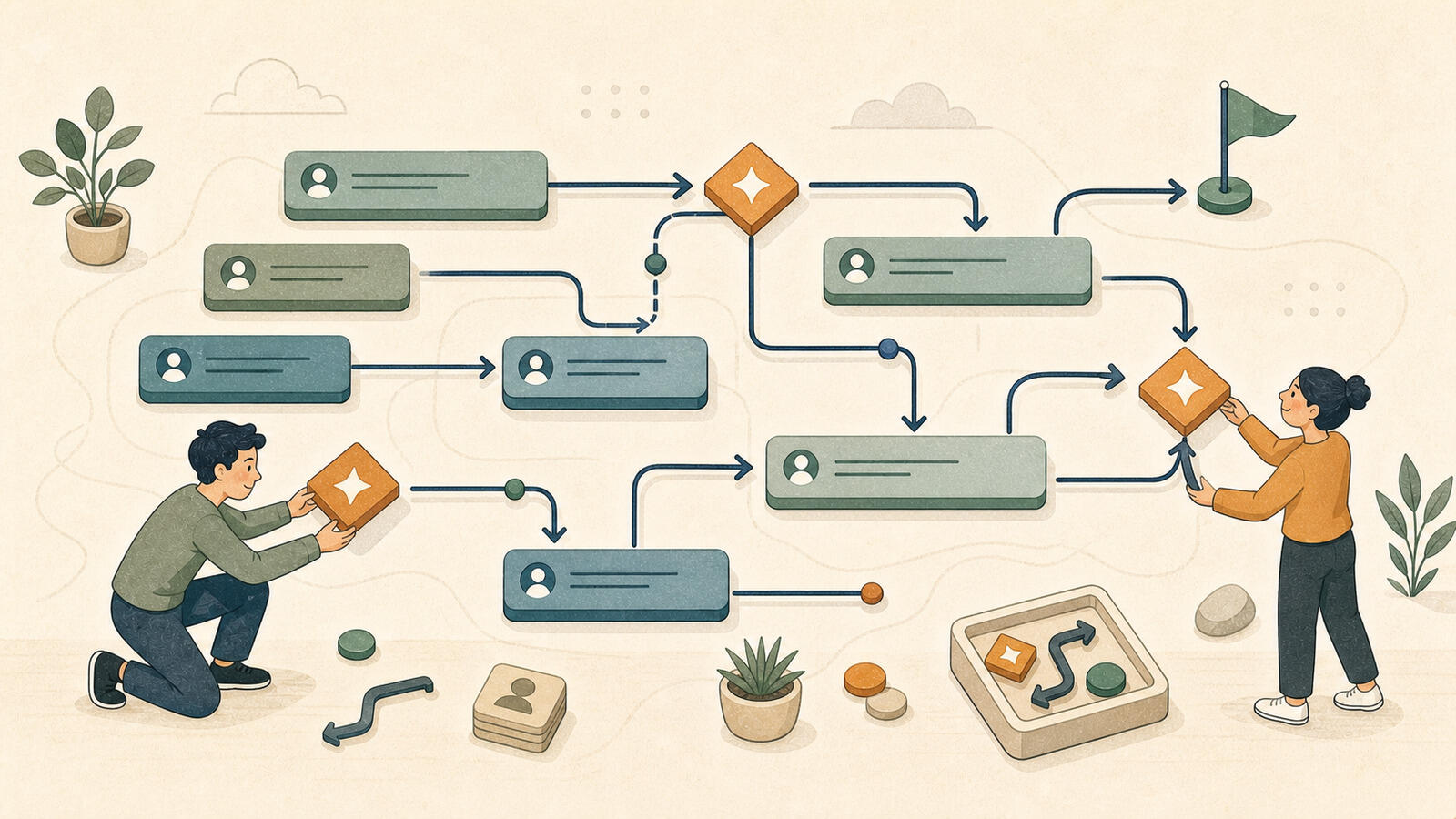 A Gantt chart with milestones marked as diamonds and dependencies shown as arrows between tasks