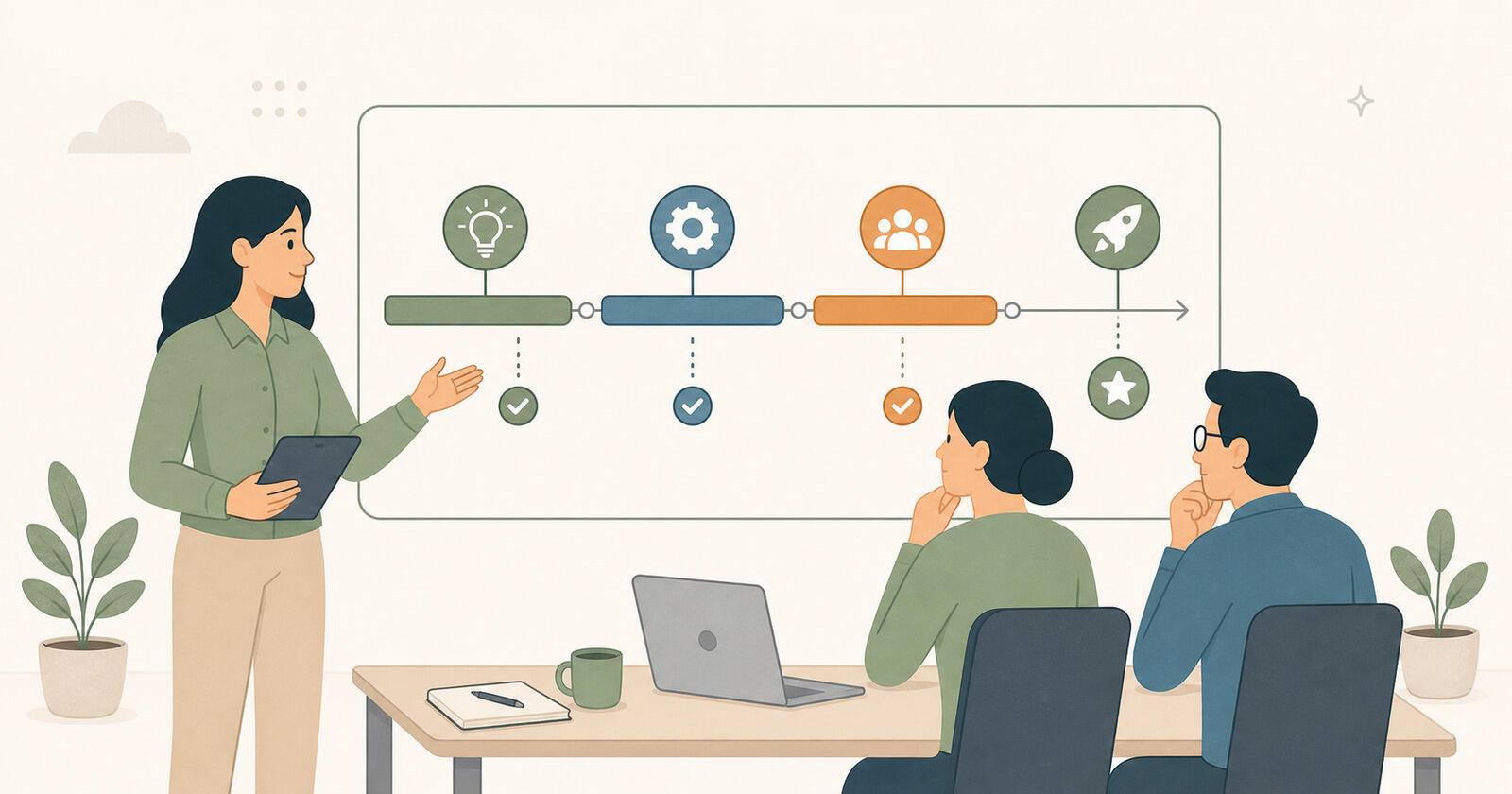 A project timeline presented to clients as a Gantt chart with phases and milestones